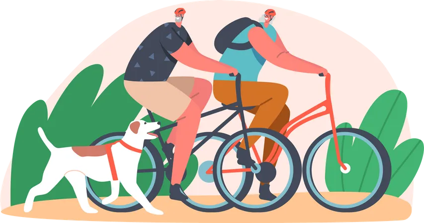 Elderly couple riding bicycle in the park with pet dog  Illustration