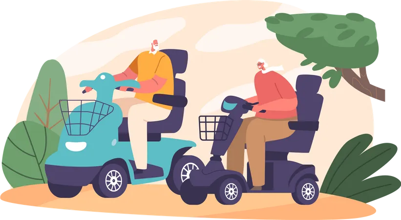 Elderly Couple Characters Riding Electric Scooters Grandfather And Grandmother Ride Wheelchair Bikes Transport For Old People Senior Family Weekend Concept Cartoon People Vector Illustration Illustration