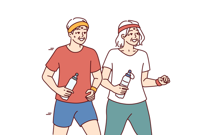 Elderly couple running and exercising outdoors  Illustration