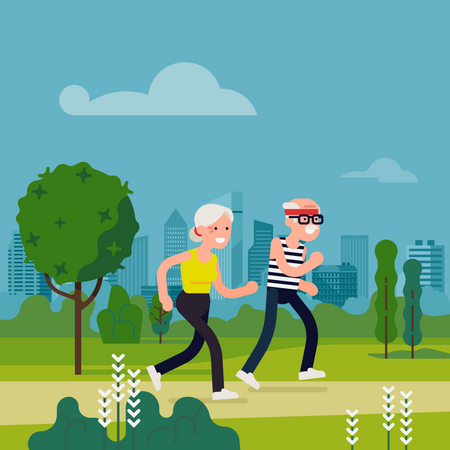 Elderly couple running in city park  Illustration