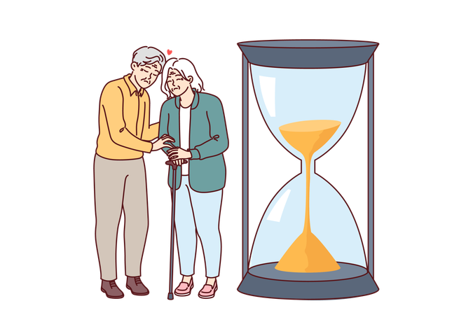 Elderly couple senses fading away and approach death standing near giant hourglass symbolizing life  イラスト
