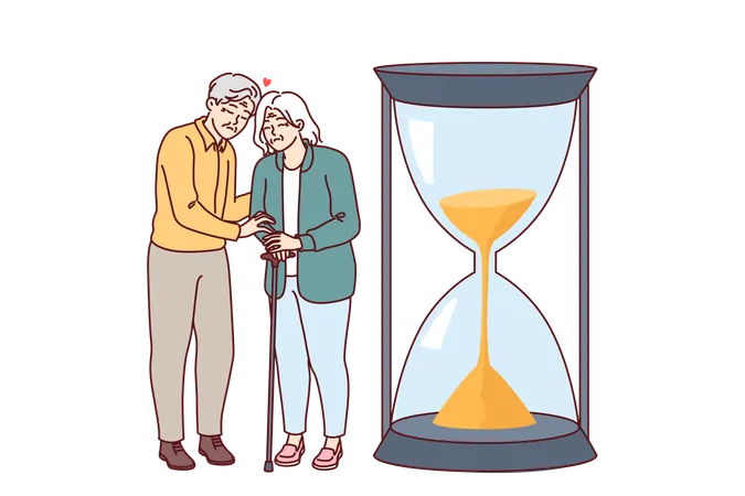 Elderly Couple Senses Fading Away And Approach Of Death Standing Near Giant Hourglass Symbolizing Life Loving Man With Woman Demonstrate Devotion And Love Despite Old Age Or End Of Life Illustration