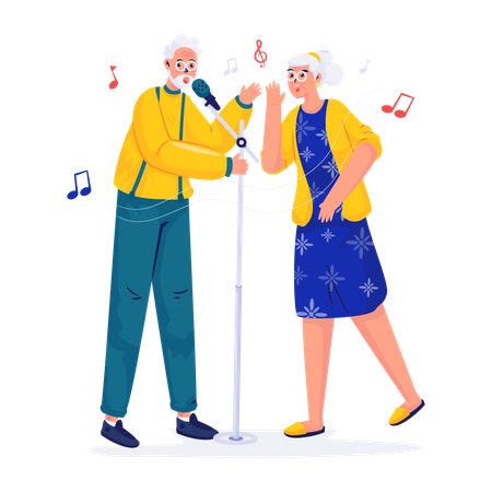 Elderly couple singing karaoke  Illustration