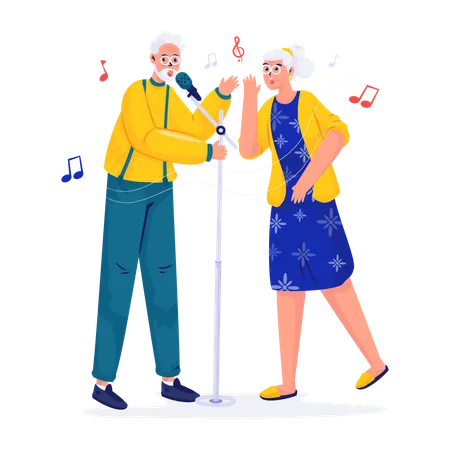 Elderly couple singing karaoke  Illustration