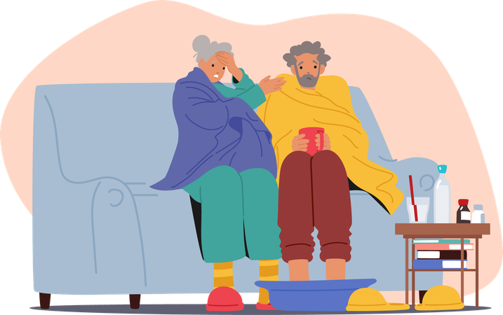 Elderly Couple Sits On  Couch Feeling Unwell  Illustration