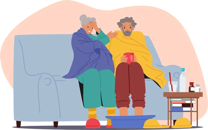 Elderly Couple Sits On  Couch Feeling Unwell  Illustration