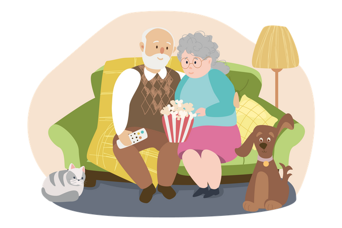 Elderly couple sitting at sofa and watching TV Illustration