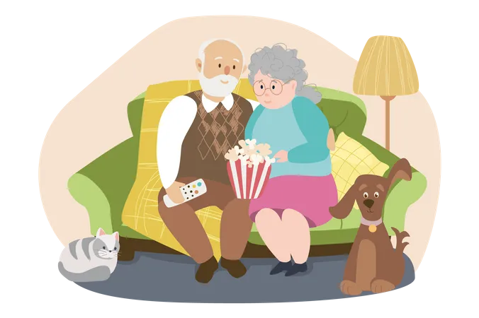 Elderly couple sitting at sofa and watching TV Illustration