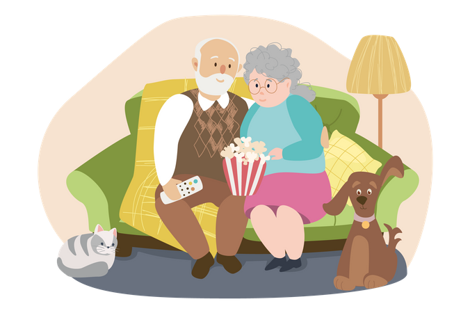 Elderly couple sitting at sofa and watching TV  Illustration