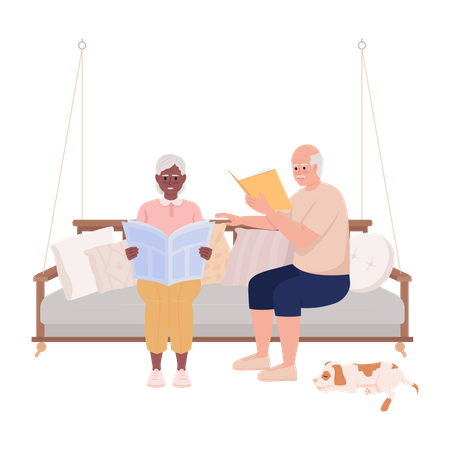 Elderly couple sitting on swing and relaxing Illustration