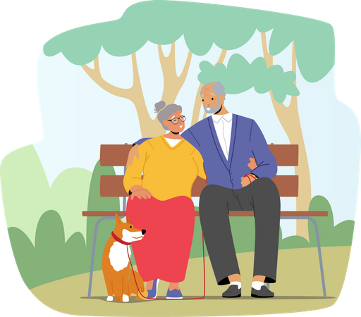 Elderly Couple Spending Time With Dog at City Park Illustration