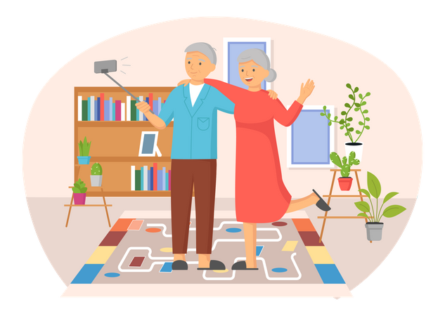 Elderly couple takes selfie at home Illustration