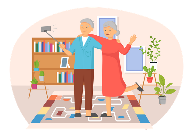 Elderly couple takes selfie at home  Illustration