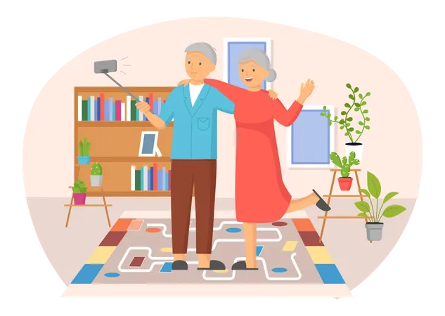 Elderly couple takes selfie at home  Illustration