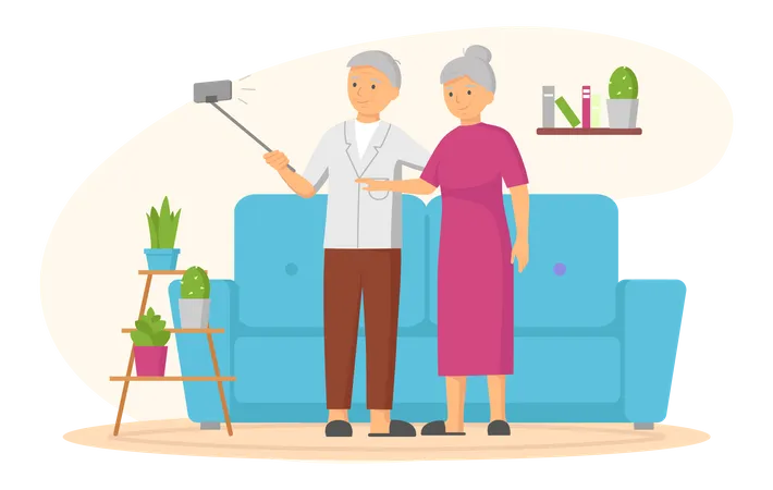 Elderly couple taking selfie  Illustration