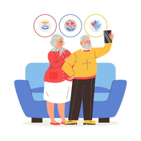Elderly couple taking selfie photo using phone  Illustration