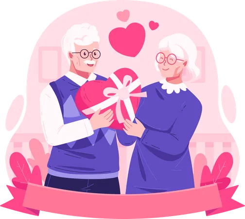 An Elderly Couple Together Holding A Heart Shaped Gift Box Romantic Old Senior Couple In Love Relationship Valentines Day Birthday Surprise Or Wedding Anniversary Illustration
