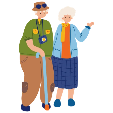 Elderly Couple Traveling Together Vector Illustration In Flat Color Design Illustration