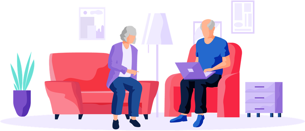 Elderly couple try to use gadget and surf internet  Illustration