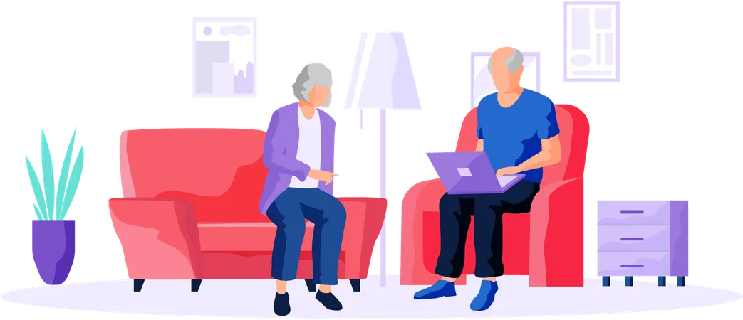 Elderly couple try to use gadget and surf internet  Illustration