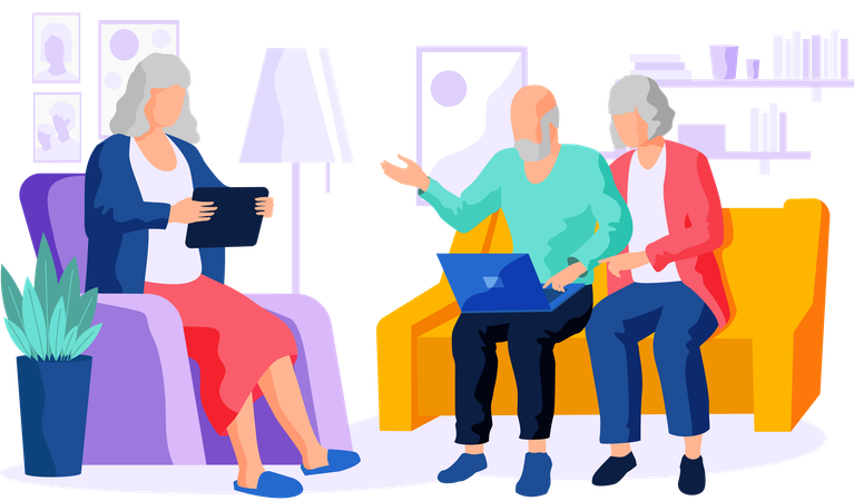 Elderly couple try to use gadget type on computer communicate through laptop and surf internet  Illustration