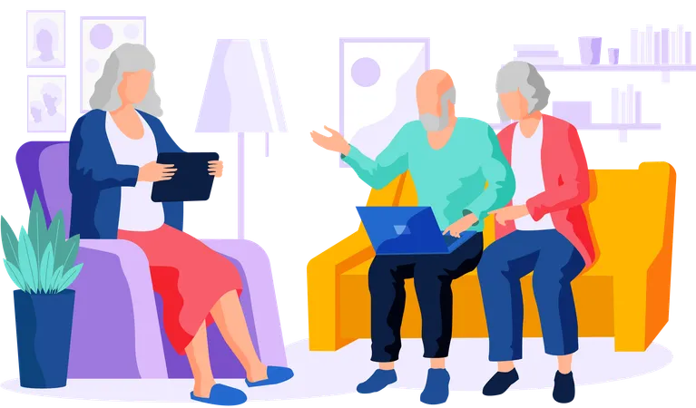 Elderly couple try to use gadget type on computer communicate through laptop and surf internet  Illustration