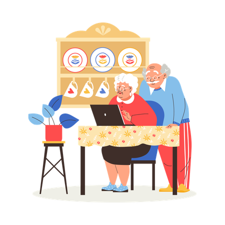Elderly couple using laptop at home  Illustration