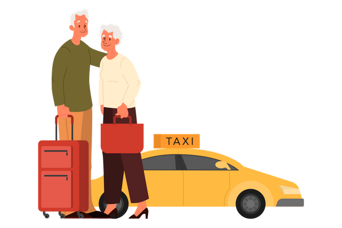 Elderly couple waiting for taxi Illustration