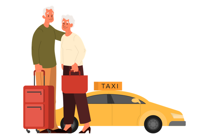 Elderly couple waiting for taxi  Illustration