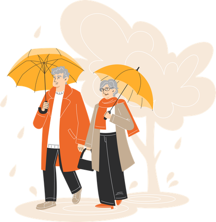 Elderly Couple Walking in the Rain with Umbrellas in Autumn Park  Illustration