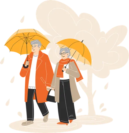 Elderly Couple Walking in the Rain with Umbrellas in Autumn Park  Illustration