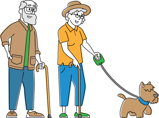 Elderly Couple Walking with Dog  Illustration