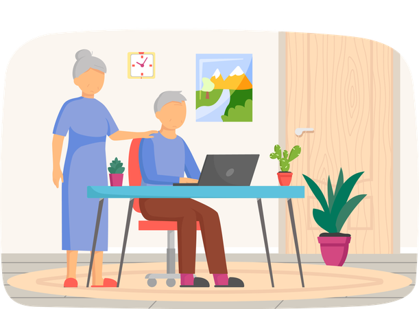 Elderly couple watching video chatting working with laptop  Illustration