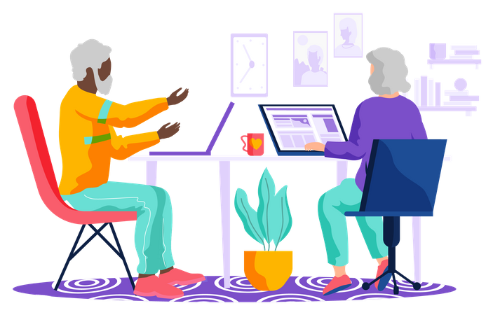 Elderly couple web surfing on internet with laptop  Illustration