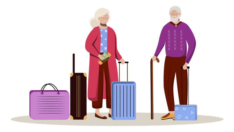 Elderly Couple With Luggage Flat Vector Illustration Getting Ready For A Trip Married Couple With Suitcases Going On Vacation Voyage Preparation Isolated Cartoon Character On White Background Illustration