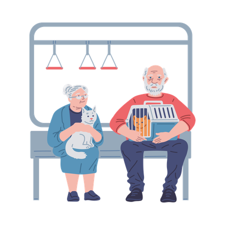 Elderly couple with pets going by public transport  Illustration