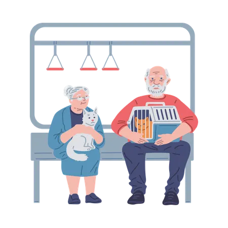 Elderly couple with pets going by public transport  Illustration