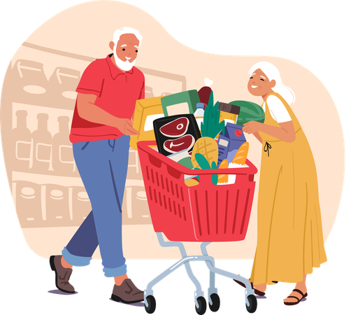 Elderly couple with trolley cart buying food products at supermarket  Illustration