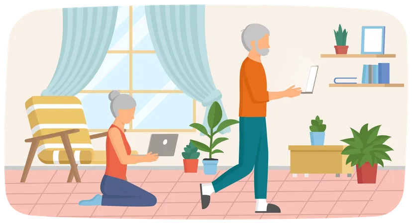 Elderly couple working on laptop Illustration