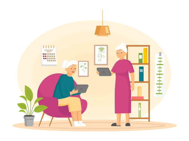 Elderly couple working on laptop Illustration