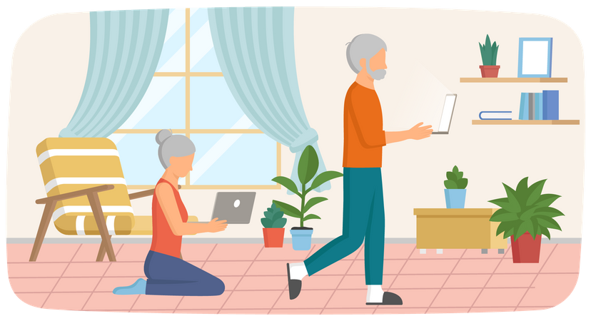 Elderly couple working on laptop  Illustration