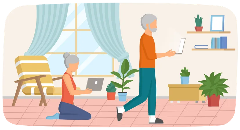 Elderly couple working on laptop  Illustration