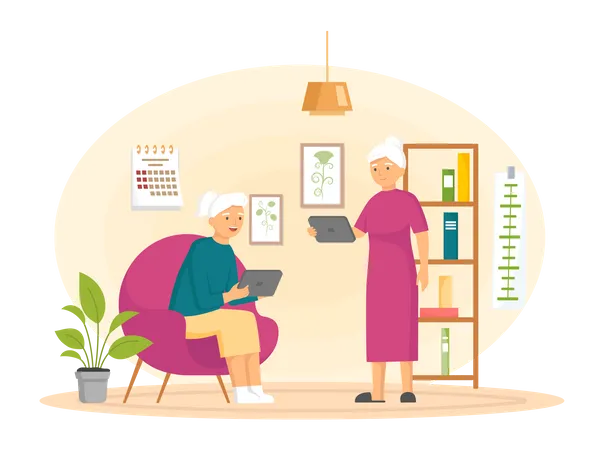 Elderly couple working on laptop  Illustration