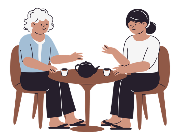 Elderly Drinking Tea at Table  Illustration