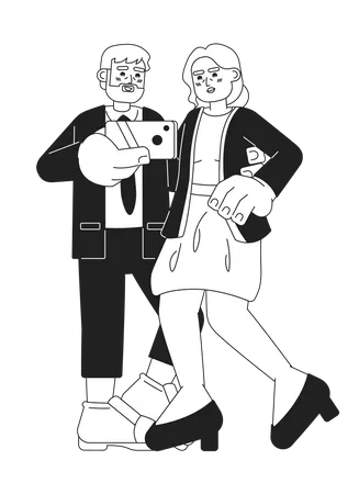 Elderly Fashionable Couple Taking Selfie Black And White 2 D Cartoon Characters Seniors Taking Picture Phone Isolated Vector Outline People Grandparents Happy Monochromatic Flat Spot Illustration Illustration