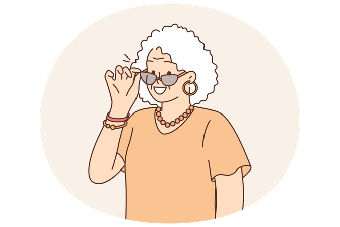 Elderly fashionable woman takes off sunglasses and smiles  Illustration