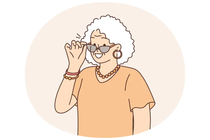 Elderly fashionable woman takes off sunglasses and smiles  Illustration