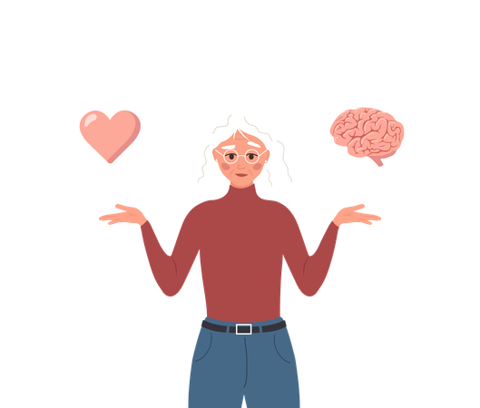 Elderly Female Character Choosing Between Feelings And Mind  Illustration