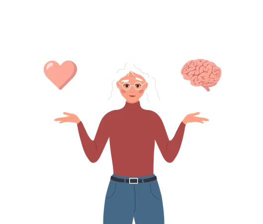 Elderly Female Character Choosing Between Feelings And Mind  Illustration