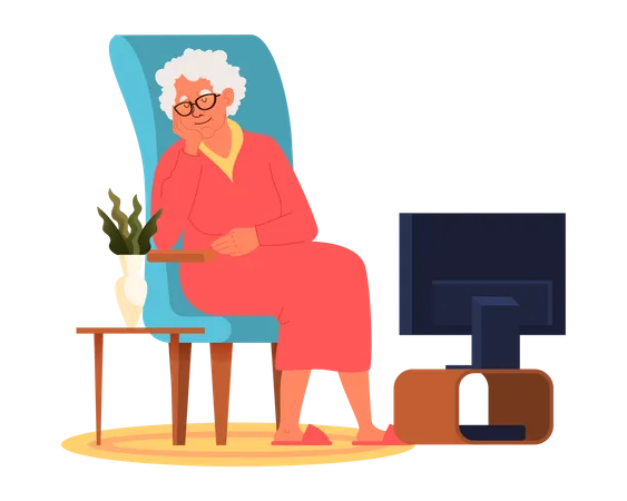 Elderly female sitting on armchair and watching TV Illustration